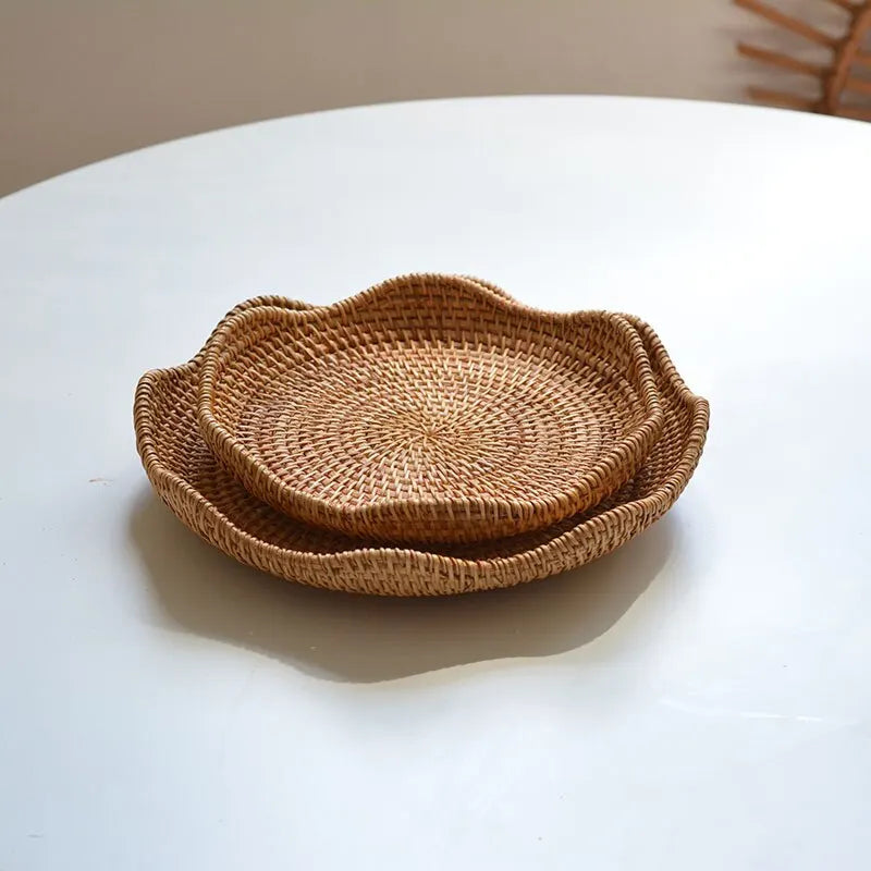 Handwoven Rattan Storage Basket Fruit Picnic Basket Cake Wicker Tray Food Bread Plate Snack Box Sundries Container Kitchen Decor