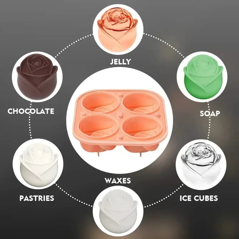 3D Rose Ice Cube Tray Silicone Mold - 4 Giant Flower & Ball Ice Maker for Cocktails, Reusable, Easy Release, Party & Home Bar