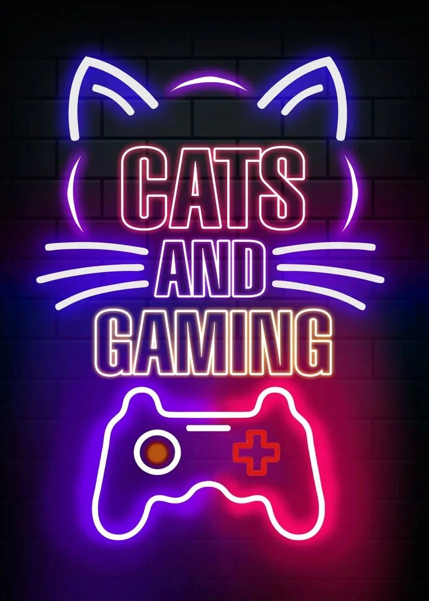Nordic Neon Cat and Gaming Controller Quotes HD Posters Canvas Painting for Wall Art Mural Gamer Boys Girls Room Decor No Lights