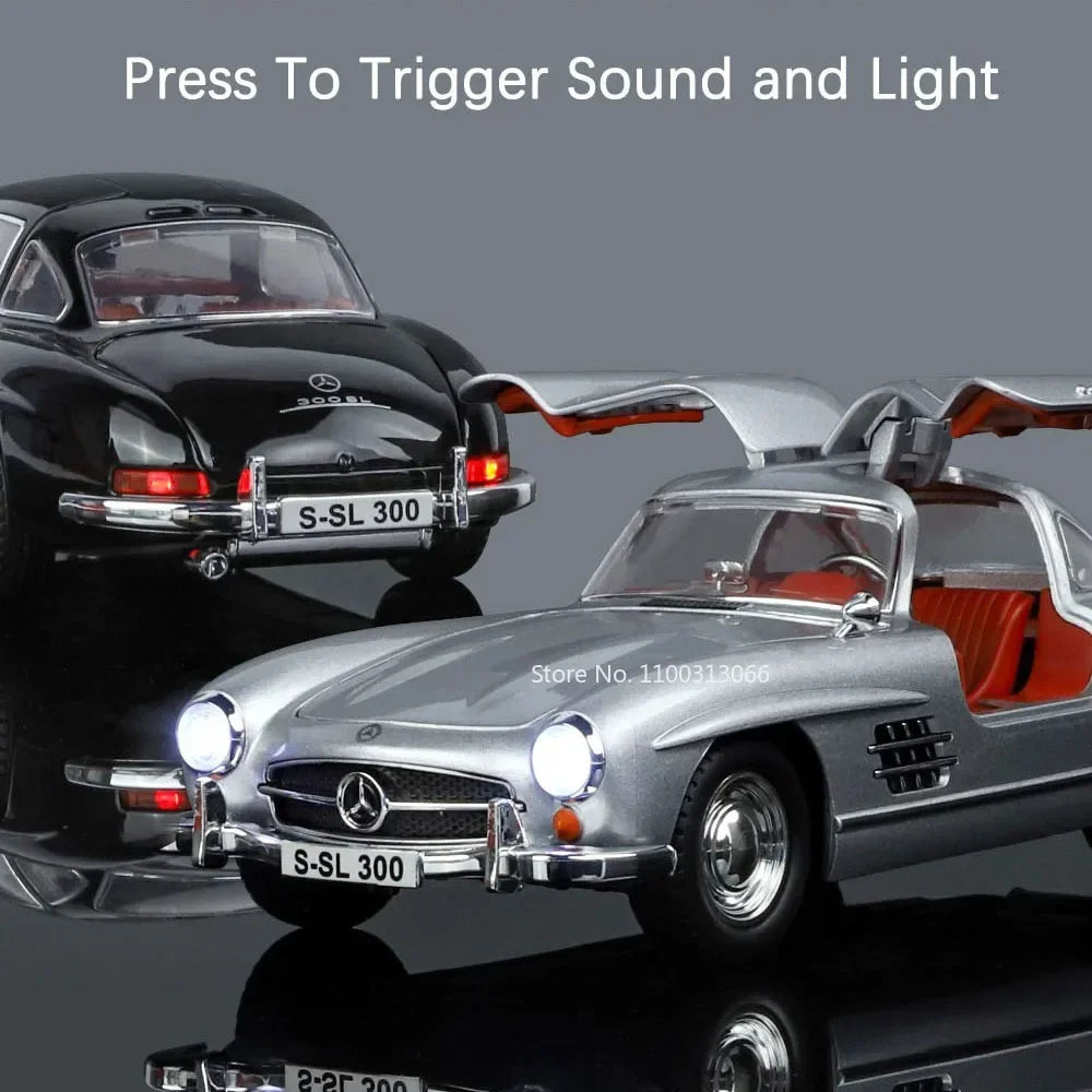 1:24 300SL Alloy Toys Diecast Models Cars 4 Doors Opened Vehicles Light Music Wheel Steering Vintage Car Children's Day Gifts