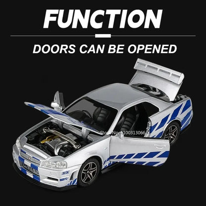 1:32 Mitsubishi EVO GTR R34 Cars Toys Alloy Diecast Models Wheel Steering Miniature Car Doors Opened Vehicles Child Adult Gifts