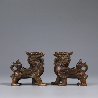 2PCS Retro Copper Kirin Pair of Pixiu Lucky Living Room Ornaments Town House Feng Shui Desktop Ornaments Art Figurine Decoration