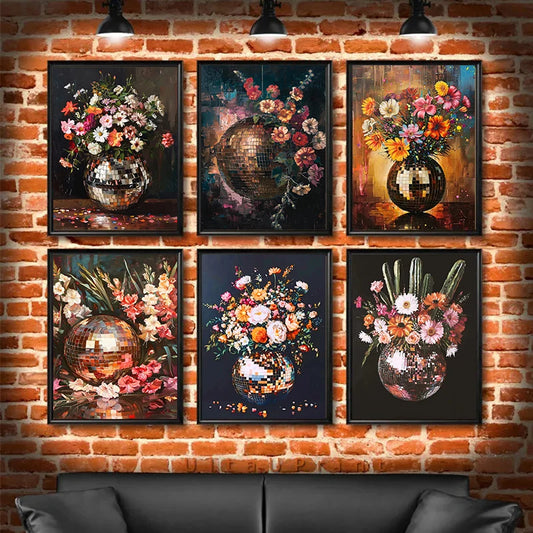 Retro Abstract Oil Painting Disco Sequin Crystal Ball Flower Potted Plant Poster Canvas Prints Art For Home Room Wall Decoration