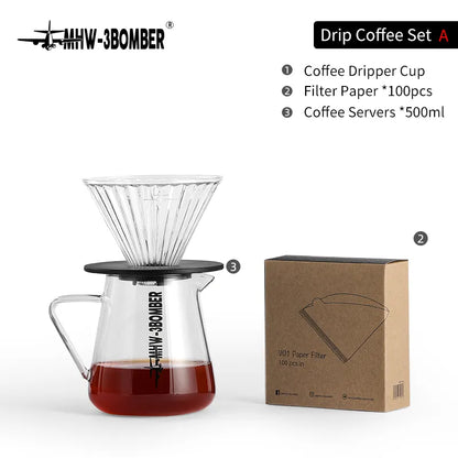 MHW-3BOMBER Drip Coffee Set 600ml Pour Over Kettle Gooseneck Spout Tea Pot Glass Filter Cup & Paper Coffee Servers Accessories