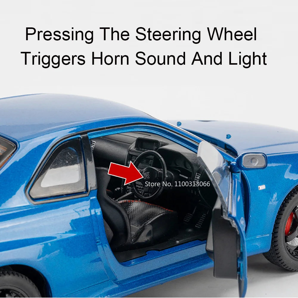 1/24 Scale Nissan Skyline GTRR34 Models Cars Alloy Diecast Toys Rubber Tires Vehicle 4 Doors Opened Toy Car for Kids Best Gifts