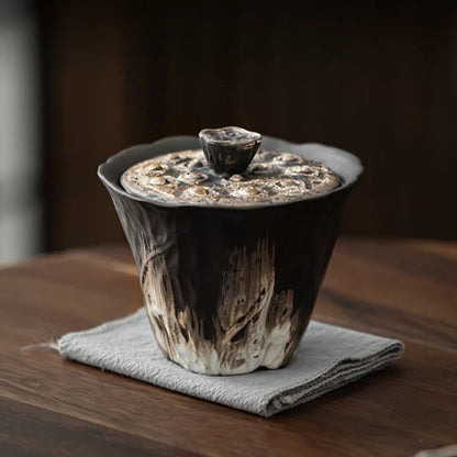 200ml Handmade Embossed Lotus Ceramic Tea TureeWabi Sabi Style Covered Bowl Coarse Pottery Tea Maker Gaiwan Kung Fu Tea Set Gift
