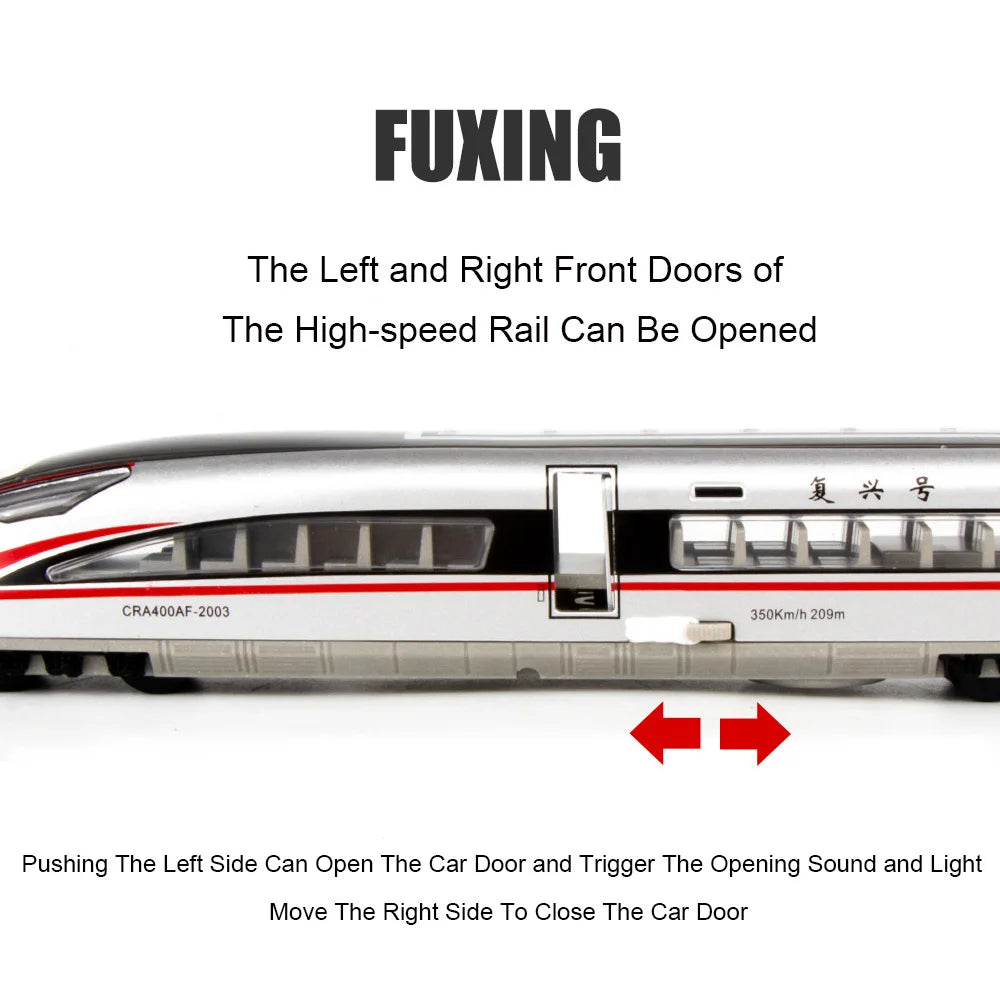 1:87 Alloy Diecast FUXING High Speed Railway Toy Models Car with Light Music High Iron Door Opened Vehicle Kids Educational Toys