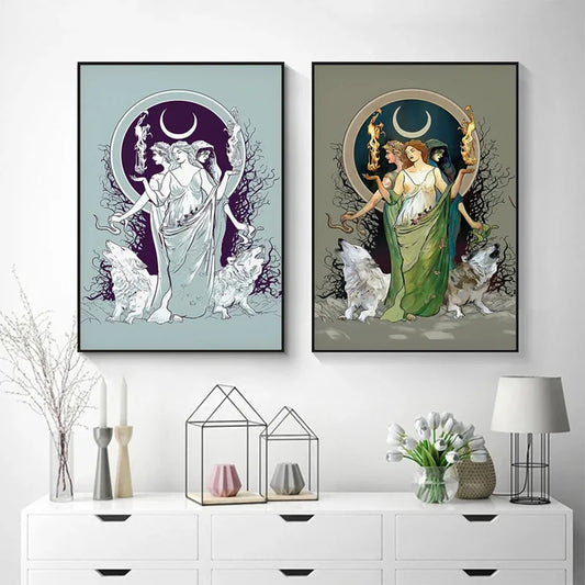 Retro Moon Hecate Goddess Greek Mythology Canvas Painting Prints Mysterious Hecate Witchy Wall Art Pictures For Home Room Decor