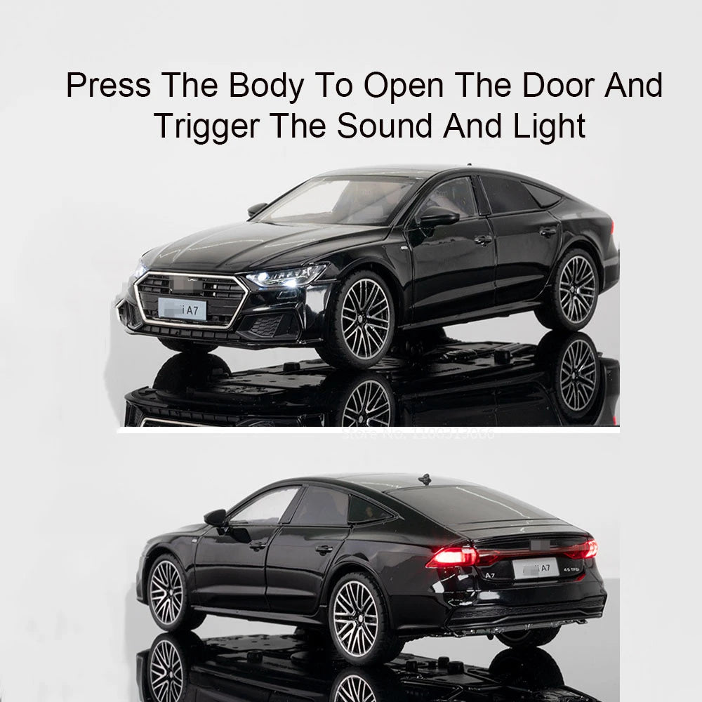 1/24 A7 Alloy Model Car Toys Rear Wheel Pull Back Front Wheel Steering Cars with Light Sound Vehicle for Children Collect Gifts