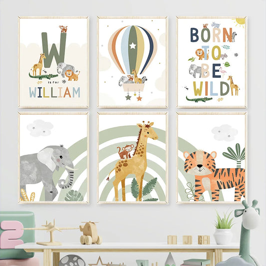 Giraffe Tiger Elephant Rainbow Hot Air Balloon Wall Art Canvas Painting Animals Posters And Prints Pictures Baby Kids Room Decor