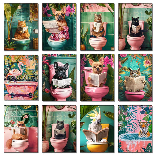Funny Toilet Animals Black Cat Dog Flamingo Bear Tiger Reading Newspaper Poster Canvas Painting Wall Art Pictures Bathroom Decor