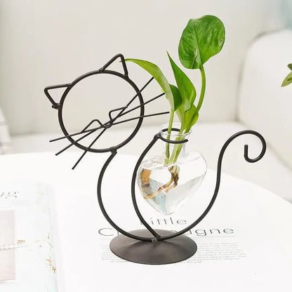 Hydroponic Plant Vases Cute Cat Shaped Iron Ware Flower Arrangement Vase Transparent Vase With Iron For Home Table Decoration