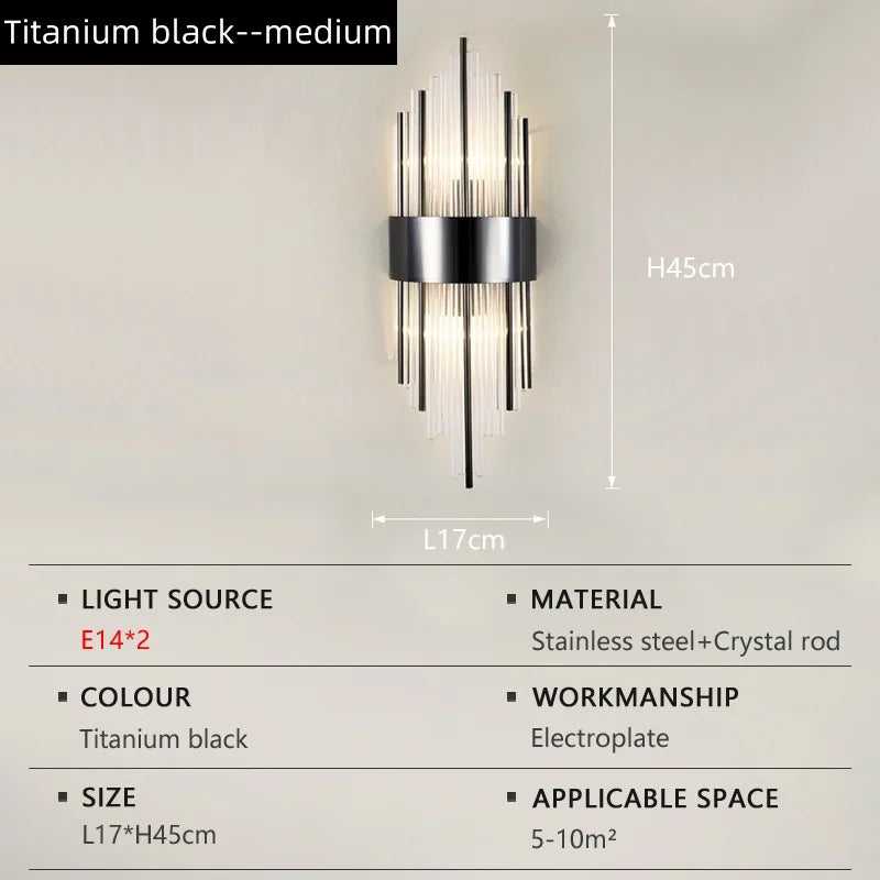 Nordic Luxury Crystal Wall Lamp Stainless Steel Black Gold LED Wall Light Living Room Stairs Bedroom Bedside Room Decor Fixture