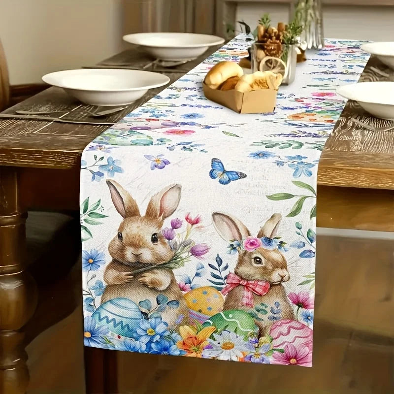 Easter Bunny Butterfly Print Linen Table Runner Home Party Decor Spring Floral Kitchen Dining Table Runners Dresser Scarf Decor