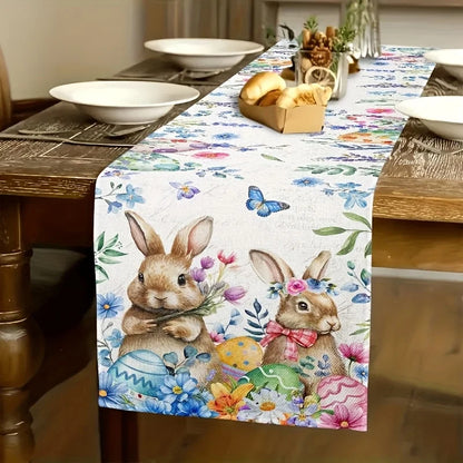 Easter Bunny Butterfly Print Linen Table Runner Home Party Decor Spring Floral Kitchen Dining Table Runners Dresser Scarf Decor