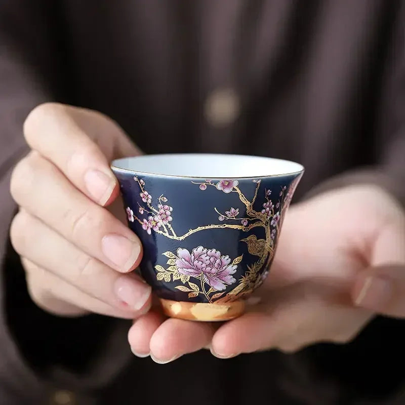 Ceramic Tea Cup with Gold Outline Chinese Kung Fu Master Cup Creative Gift Box Set of 6 Unique  Stylish Tea Drinking Accessories