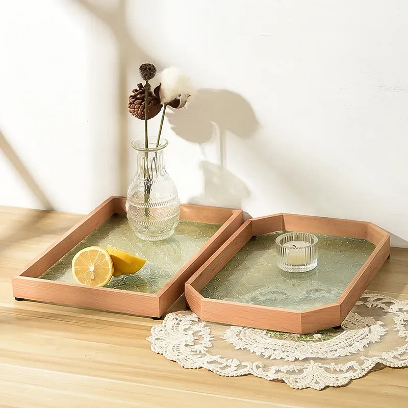 Embossed glass wooden tray, walnut rectangular storage tea tray, tea cup drinking cup, fruit snack storage tray.