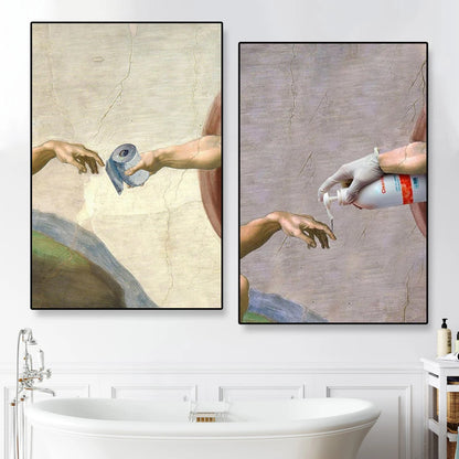 Hand of God and Adam Funny Toilet Paper Wash Room Bathroom Living Wall Art Home Decoration Retro Picture Canvas Painting Poster