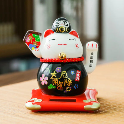4.5inch Solar Powered Waving Arm Lucky Cat, Ceramic Fortune Cat, FengShui Figurine, Home Tabletop Deoration, Lucky Charm Gift