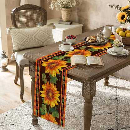 Autumn Sunflower Buffalo Plaid Linen Table Runner Fall Leaves Orange Dresser Scarf for Holiday Wedding Party Kitchen Table Decor