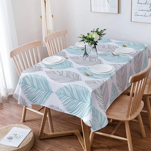 Teal Abstract Leaves Stripes Rectangle Tablecloth Holiday Party Decor Washable Kitchen Dining Table Cloths Outdoor Picnic Decor