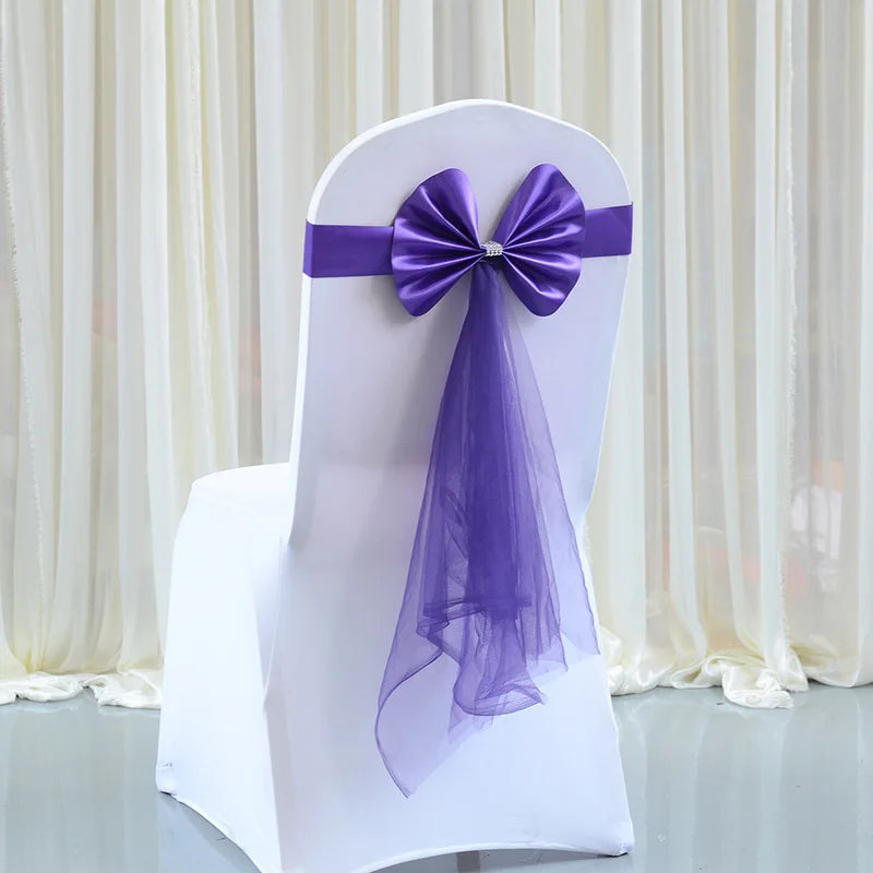 10PCS Satin Organza Chair Bow Sashes Wedding Chair Knots Bow Cover Band For Party Event Hotel Banquet Country Wedding Decoration