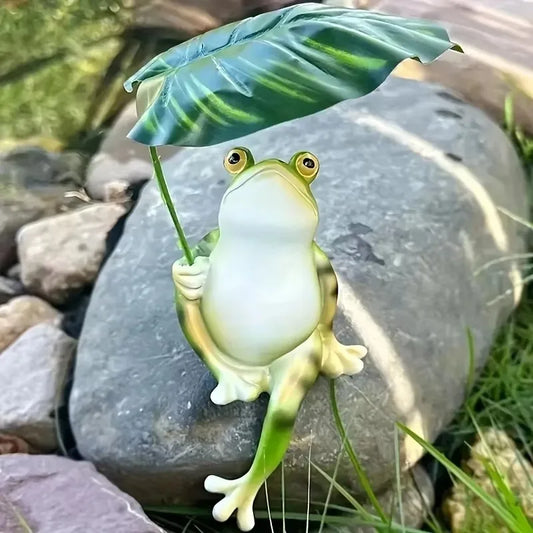 Cartoon Fun Cute Umbrella Frog Sculpture Jewelry Creative Lotus Leaf Frog Statue Aquarium Fish Tank Balcony Garden Decoration