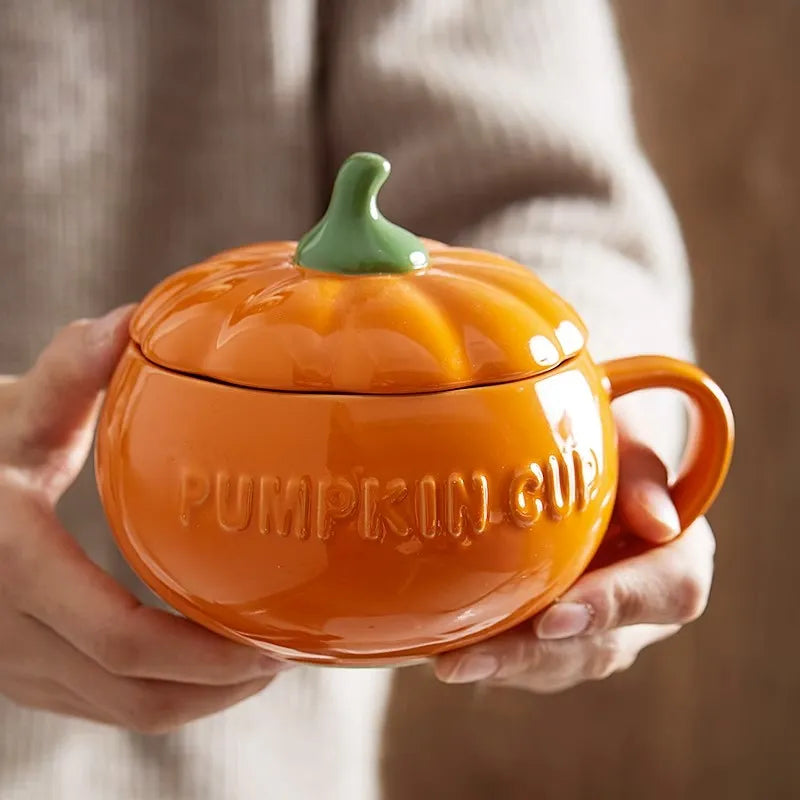 300/450ML Halloween Pumpkin Shaped Ceramic Cup With Spoon Kawaii Soup Mug With Lid  Oatmeal Cup Creative Water Cup