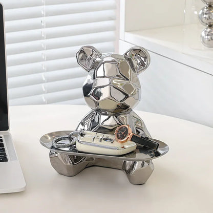 Ceramic Geometric Bear Ornament Coin Bank Home Living Room Desktop Remote Control Key Storage Tray Decorative Statue Gift
