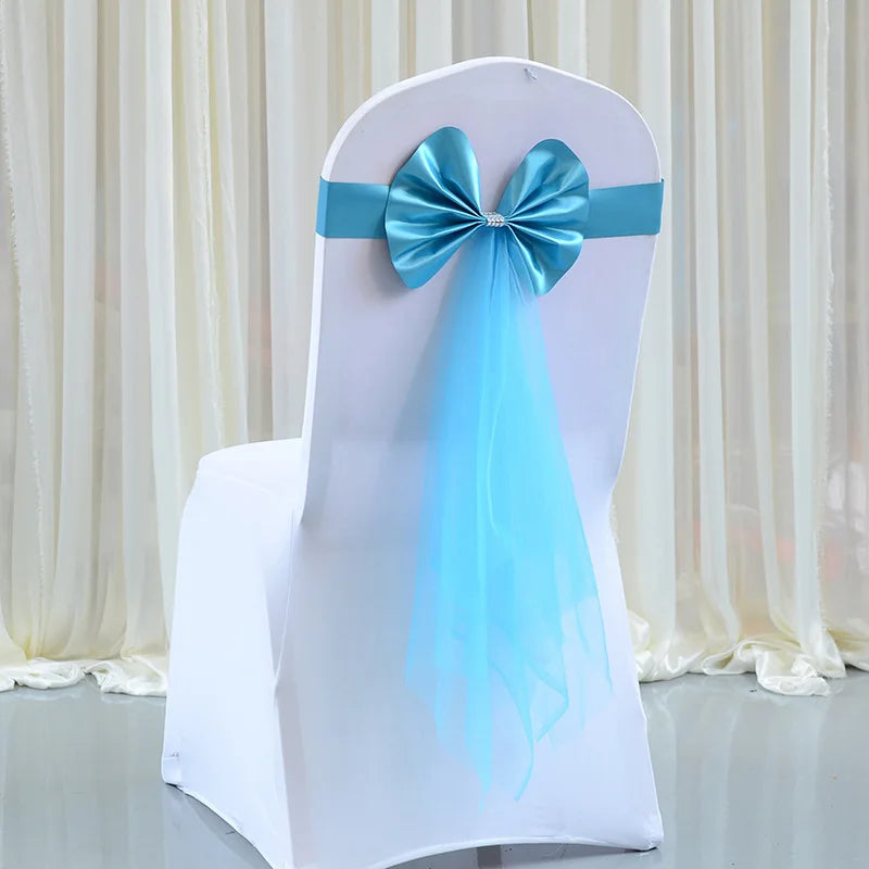 10PCS Satin Organza Chair Bow Sashes Wedding Chair Knots Bow Cover Band For Party Event Hotel Banquet Country Wedding Decoration