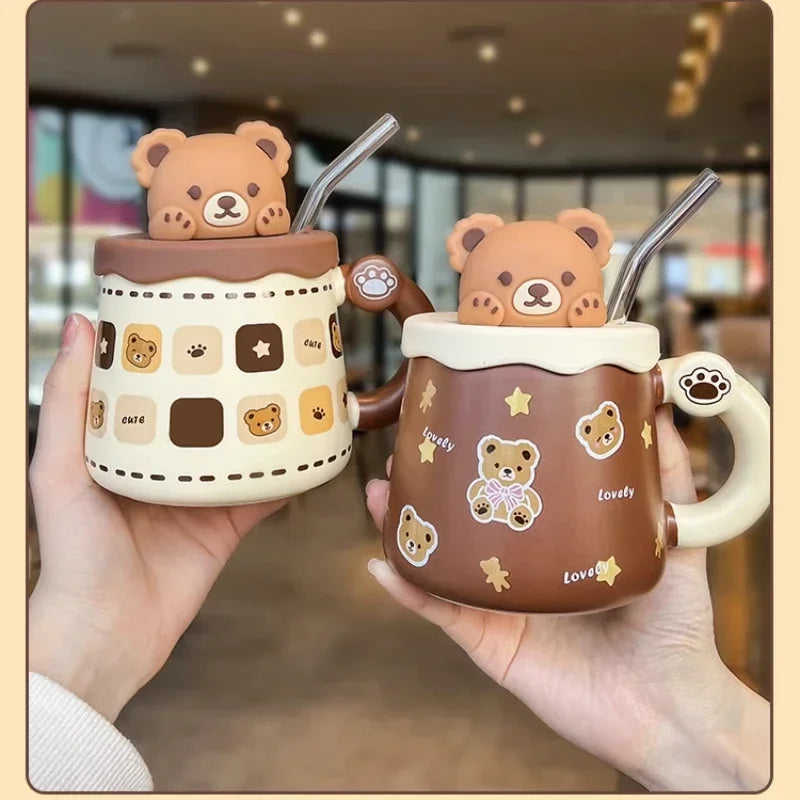 450ml Cute Ceramic Mug with Lid Spoon Breakfast Milk Mugs Juice Cup Lovely Bear Coffee Cup Home Office Couple Water Cup