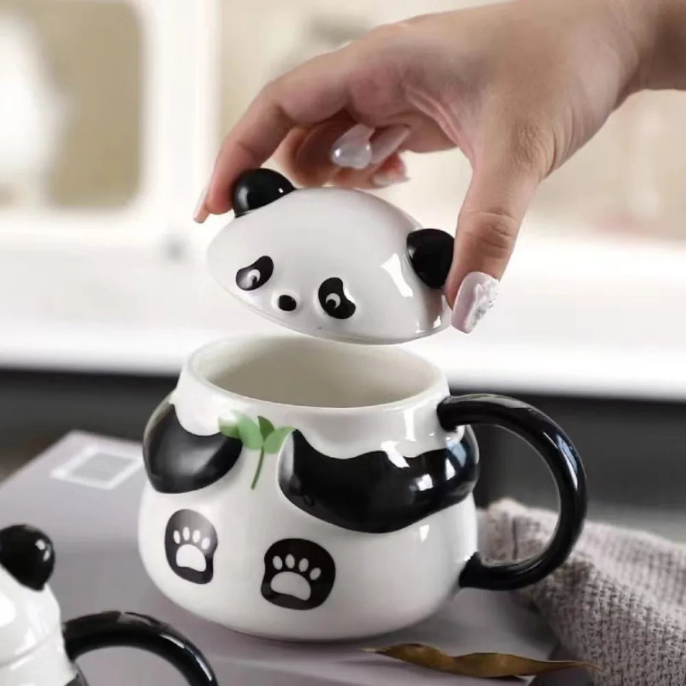Panda Water Cup Ceramic Mug with Lid Good-looking Girl Niche Design Cute Children Creative Home  Mugs Coffee Cups