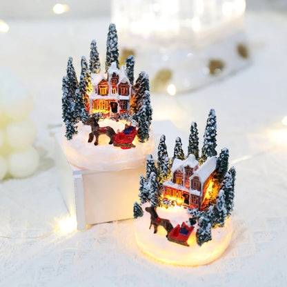 7cm Small Christmas Village Figurines LED Light Christmas Town Scene Desktop Ornaments Battery Operated Landscape Decorations