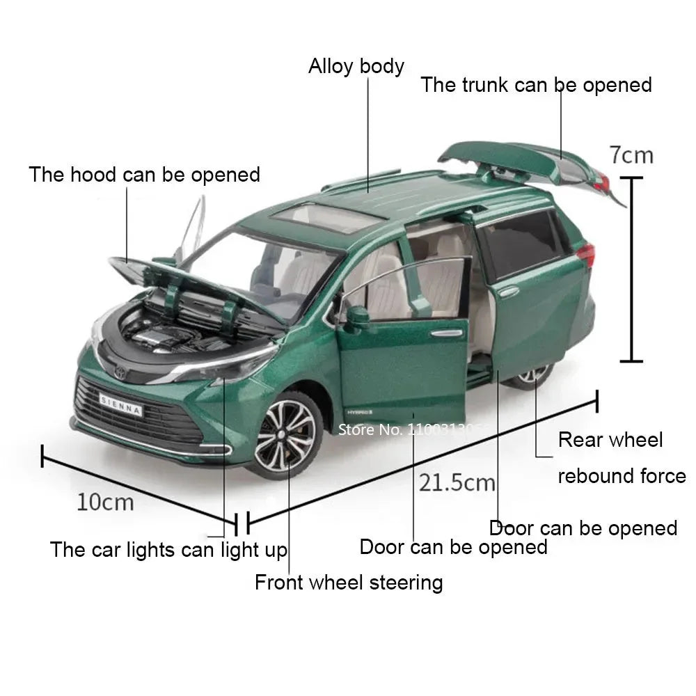 1/24 Scale Metal Die Cast Sienna Car Toys Model With Light Music Vehicle Models Rubber Tires Autos Toy Children Collectible Gift