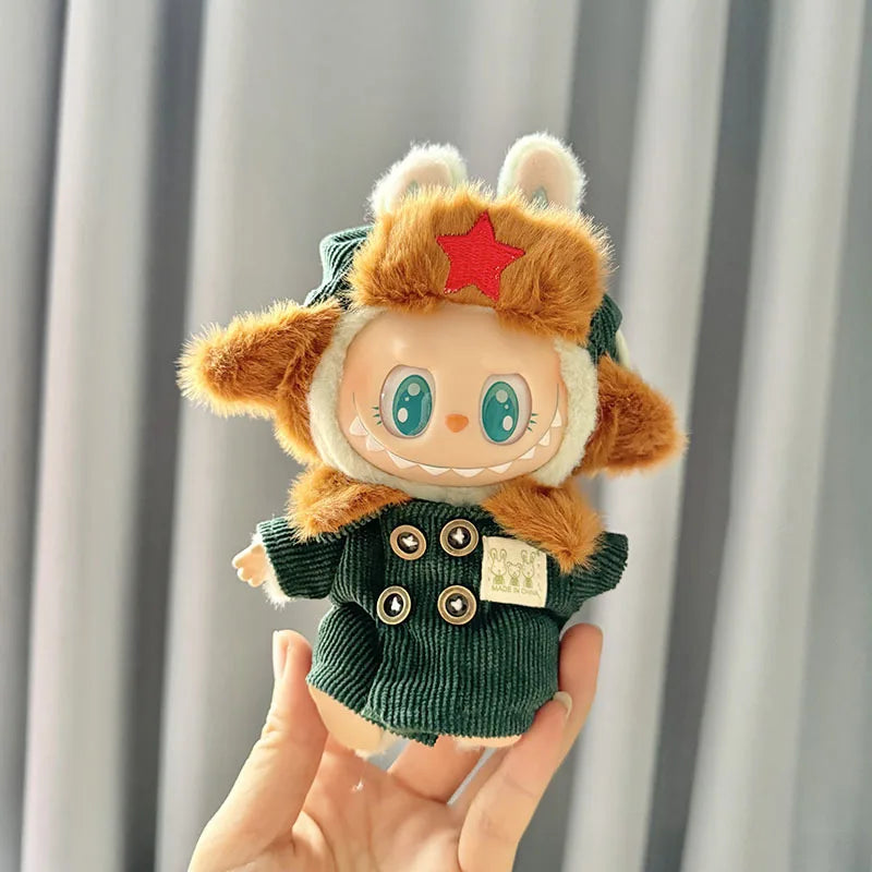 17cm Doll's Clothes For Labubu The Monster Outfit Accessories Clothing DIY Lei Feng Army Green Coat Red Star Hat