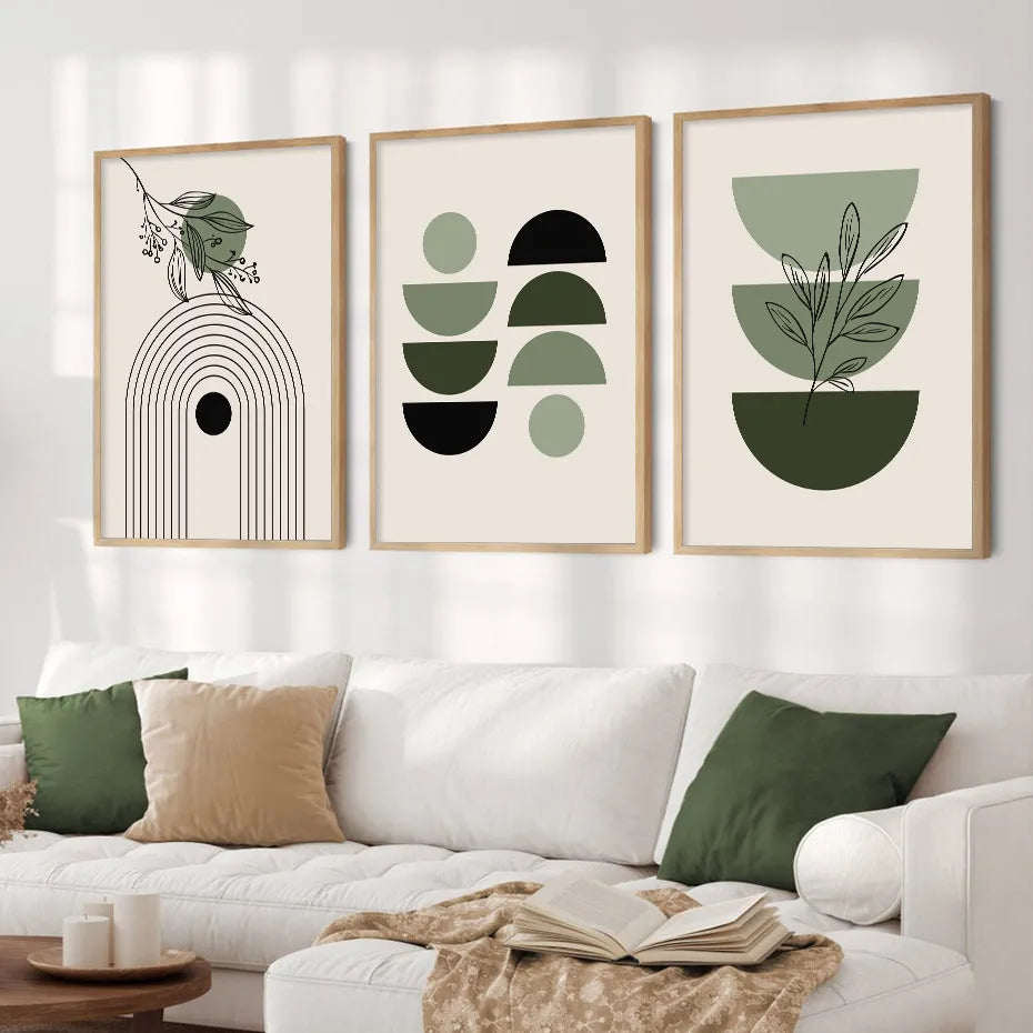 Abstract Green Geometric Leaves Posters Boho Wall Art Canvas Painting Prints Pictures Modern Living Room Interior Home Decor