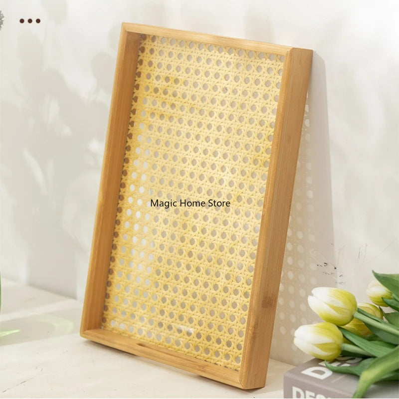 Rattan Bamboo Serving Tray with Handles Decorative Food Serving Trays Basket Serving Tray for Ottoman Coffee Table Kitchen Couch