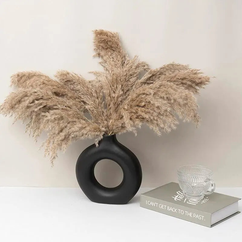 NORTHEUINS Eramic Nordic Donut Hollow Flower Vase Figurines Interior for Pampas Grass Home Living Room Desktop Decor Object Item