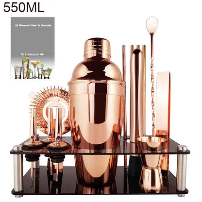 Bartender Kit, 13 Piece Black/Rose Gold Cocktail Shaker Set Stainless Steel Bar Tools with Black Stand, 550ml, 800/600ml Shaker