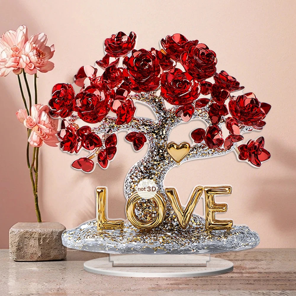 1 PC 2D crystal rose tree acrylic desktop ornaments, office, restaurant, coffee shop and other scenes as desktop art decoration.