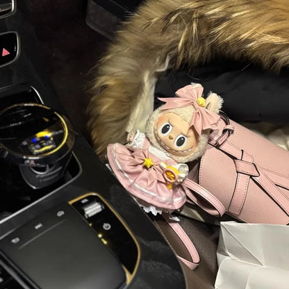 Clothes for Labubu 17cm Outfit Accessories for The Monsters Clothing Kid Gift Bow Pink Sakura Set Dress and Hairpin