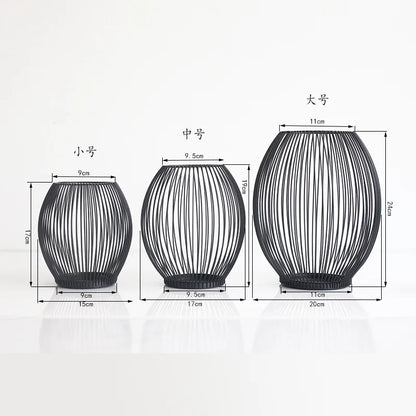 Bougeoir en fer creux chandelier lanterne formes géométriques centro de mesa Table basse noire chandelier en forme de cage à oiseaux