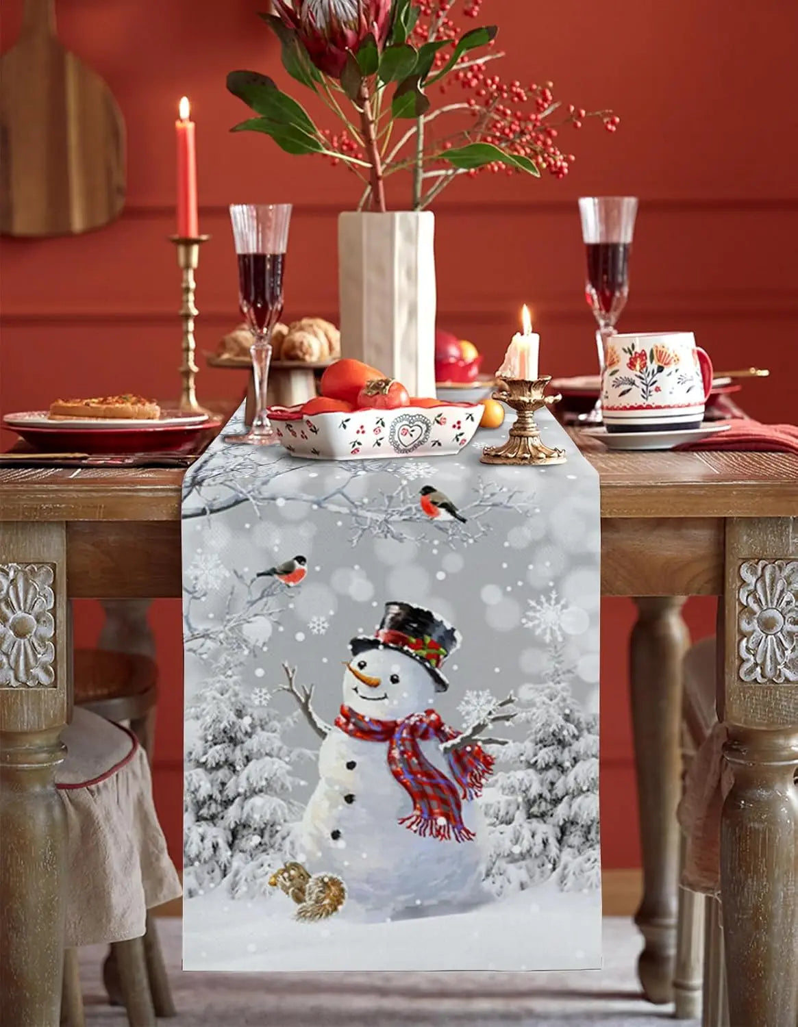 Christmas Snowman Snowflake Bird Xmas Tree Linen Table Runner Winter Xmas Holiday Kitchen Party Decor Christmas Decorations 2025