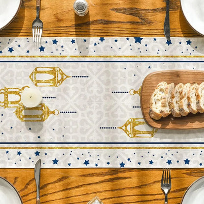 Ramadan White Moon Star Golden Linen Table Runner Holiday Party Decor Seasonal Spring Kitchen Dining Table Runners Table Decor