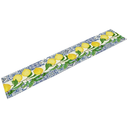 Yellow Lemon Blue Tile Printed Linen Table Runner Holiday Party Decor Summer Lemon Fruit Plant Table Runners Kitchen Table Decor
