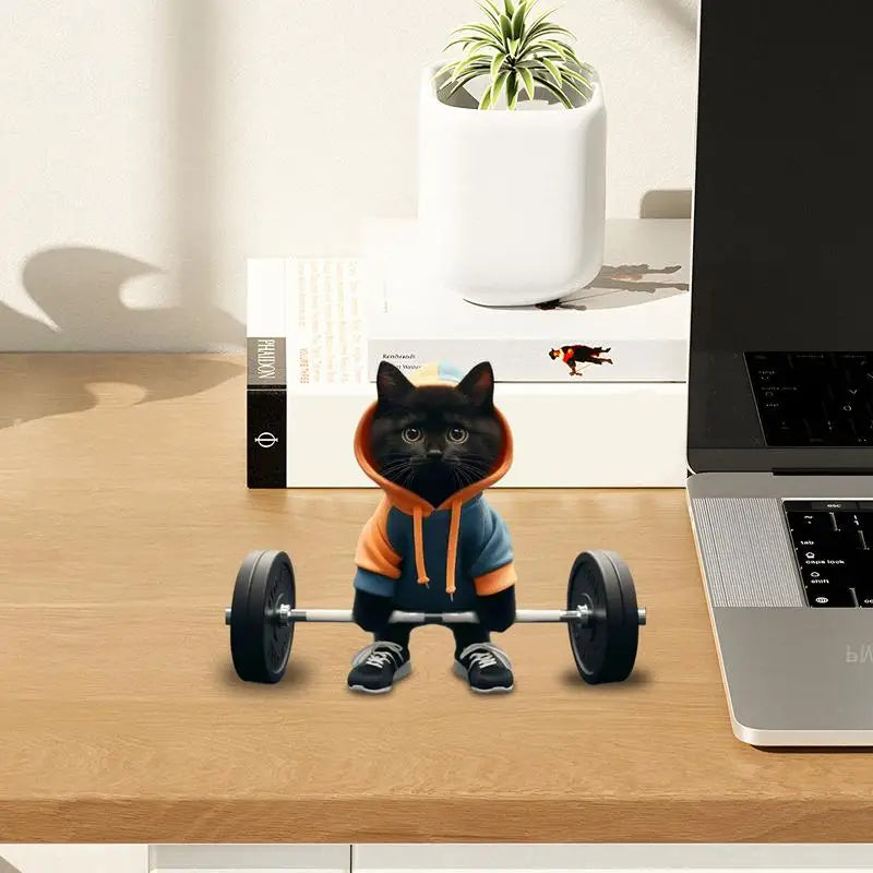 2024 New Fitness Cat Figurine Sculpture artwork Home Decor Ornaments barbell Black Cat Statue Collectible Creative Gifts