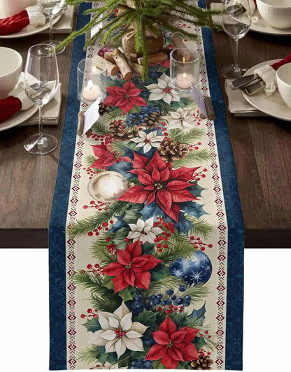 Christmas Poinsettia Flower Blue Balls Linen Table Runner Party Decor Winter Xmas Botanical Table Runners Christmas Decorations