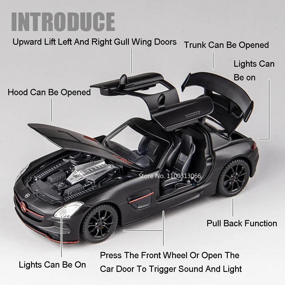 1:32 SLR 772S SLS Toys Model Sports Cars Alloy Diecast with Light Sound Vehicle Wheel Pull Back Miniature Car Boys Perfect Gifts