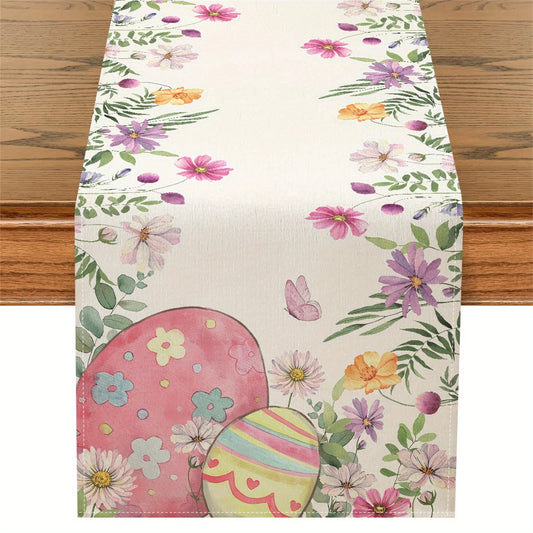 Easter Bunny Eggs Floral Print Linen Table Runner Party Decor Spring Watercolor Flowers Table Runners Dresser Scarf Table Decor