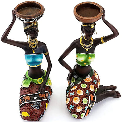 Candleholder African Figurines 8.5" Women Decorative Sculptures Candle Holder for Dining Room Tribal Lady Statue for Home Decor